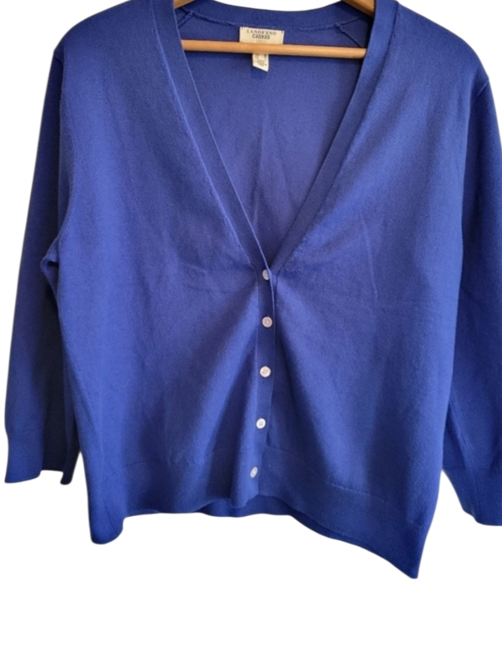 Lands End Royal Blue V Neck Button Up Cardigan  Womens Size M Cotton & Baumwolle